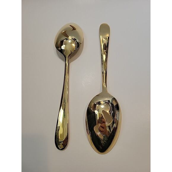 VINERS OF SHEFFIELD VS12 Gold Electroplate Pierced Serving Spoons Set Of 2 - Picture 6 of 8